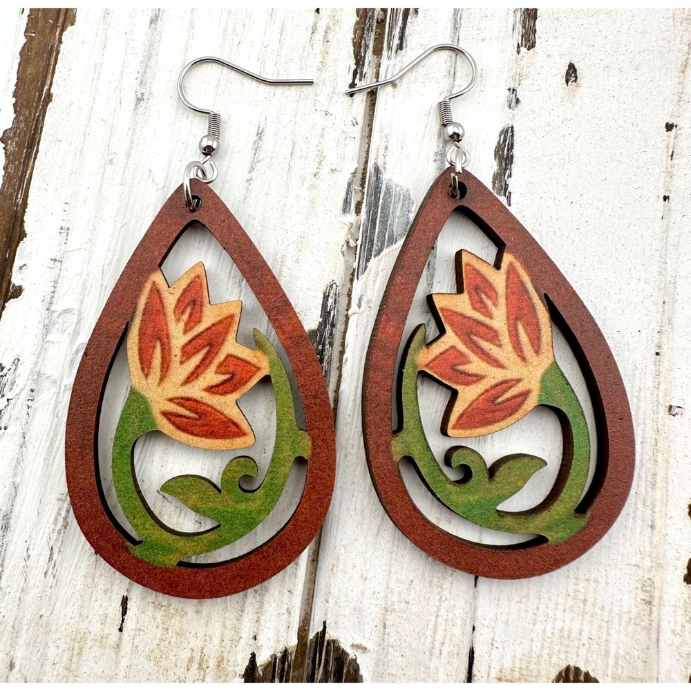 Cactus Flower Laser Cut Wood Teardrop Earrings